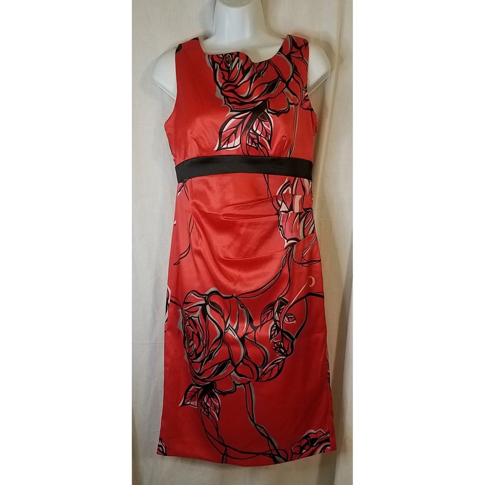 KARENโ MILLEN RED FLORAL PRINT PENCIL Cocktail DRESS SIZE 8